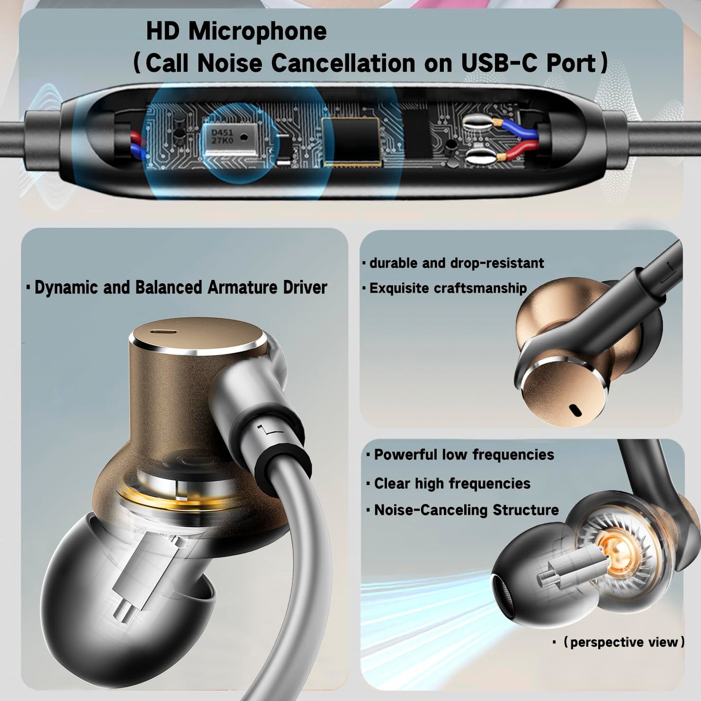 Wired Earphones Rich Bass Noise Canceling & phone Calls (1DD+1BA) Dual-Driver In-Ear Headphones Immersive Deep Bass Boost Wired Earbuds with Call