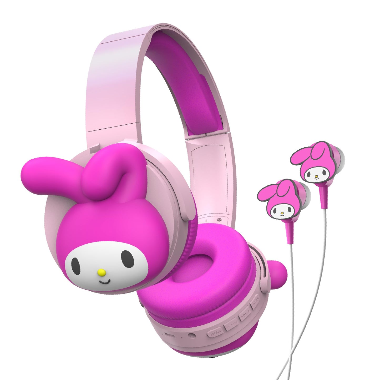 Hello Kitty 2-in-1 Wireless Bluetooth Headphones with Wired Earbuds - Foldable Over-Ear Headset with Built-in Mic, AUX Cable, Adjustable Headband,
