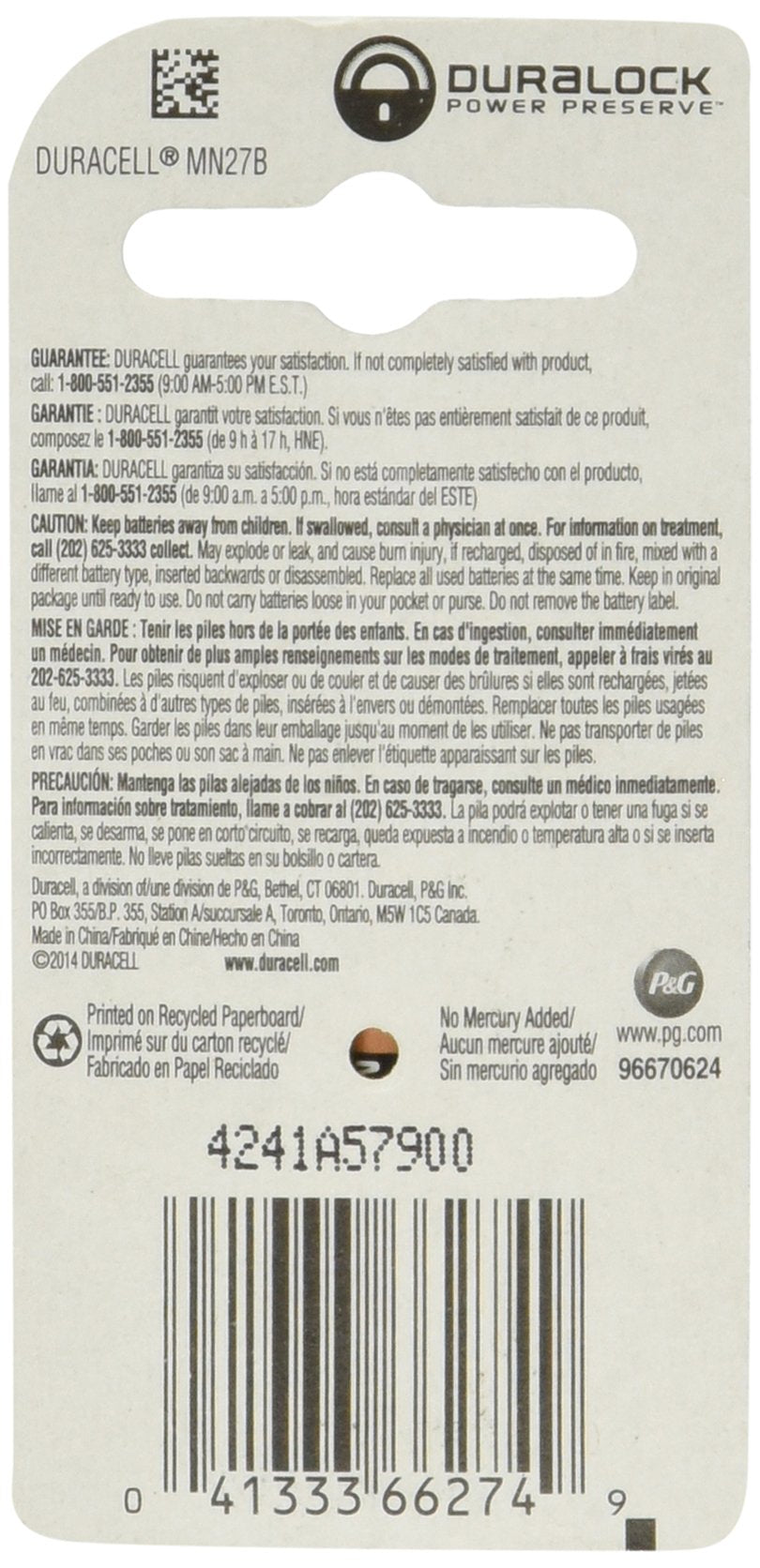 Duracell MN27BPK Watch/Electronic/Keyless Entry Battery, 12 Volt Alkaline X 4 Batteries