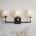 Possini Euro Design Beauregard Modern Industrial Wall Light Black Gold Metal Hardwired 21 3/4" Wide 3-Light Fixture Mounted Square Linen Glass Shade