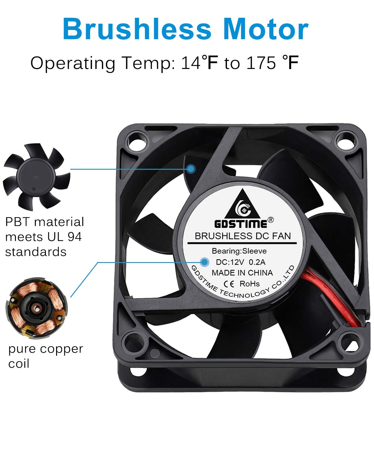 GDSTIME Dc 12V 60mm 6cm 60x60x25mm 2 Wire Brushless Cooling Fan