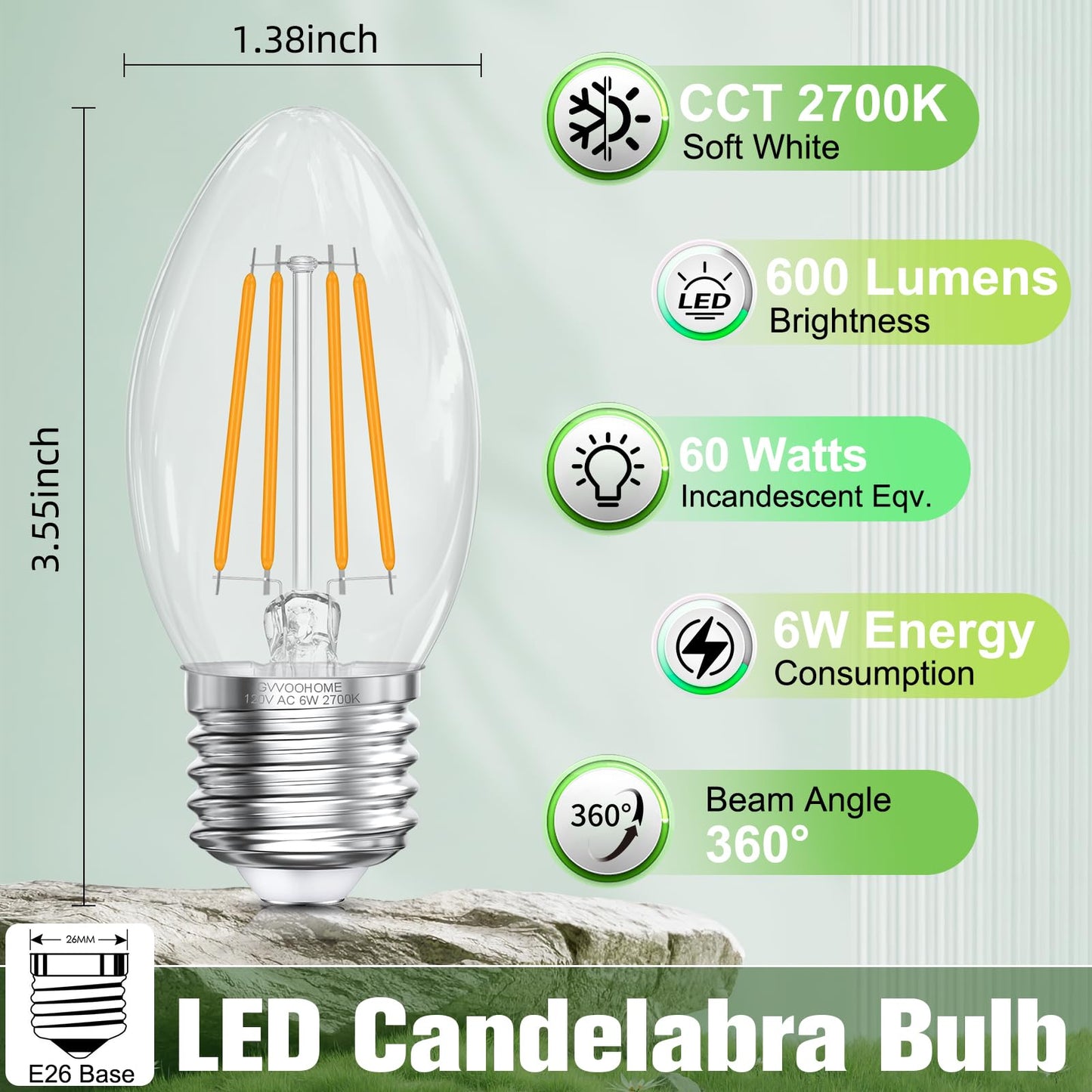 E26 Base LED Candelabra Light Bulbs 2700K Soft White, 60W Equivalent