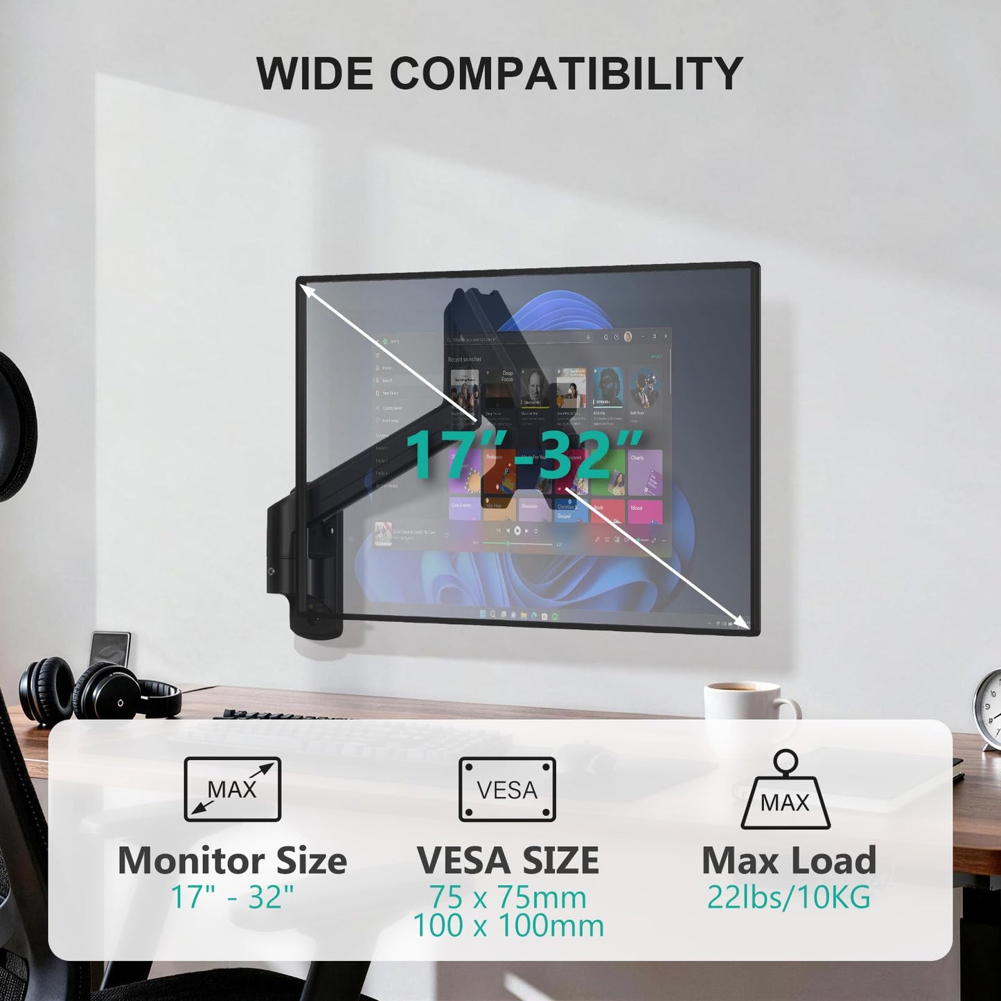 WALI Computer Monitor Wall Mount for 17 to 32 Inch Screens, Single Monitors Mount Holds up to 22lbs, Fully Adjustable Wall Mount Monitor Arm