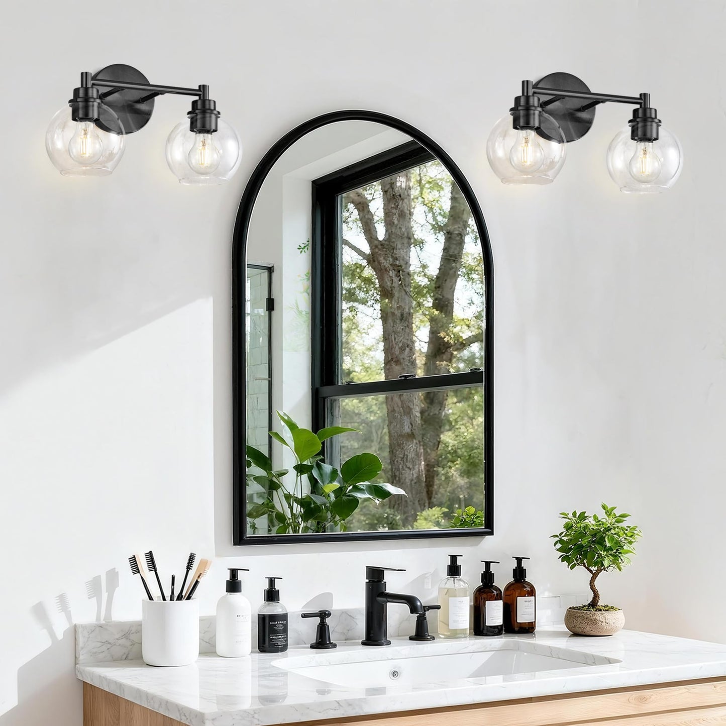 Bathroom Light Fixtures, Vanity Lights for Bathroom 2-Light Black, Bathroom Lighting Fixtures Over Mirror with Clear Glass Globe Shade, Bathroom