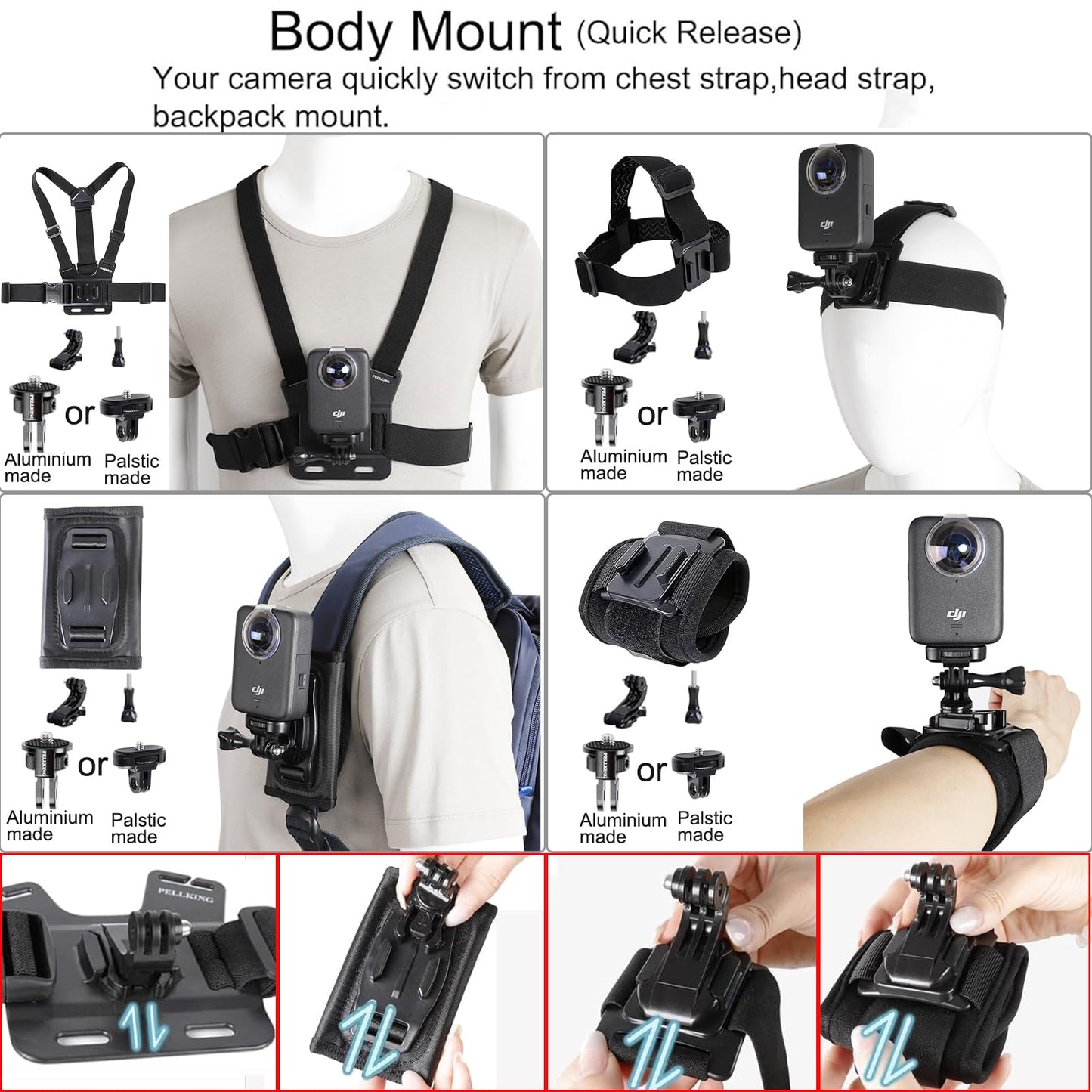 PellKing Accessories Kit for DJI Osmo 360,Included Carrying Case with Belt,2 Pcs Metal 1/4" Adapter,Handlebar Clamp,Magnetic Mount,43in Selfie