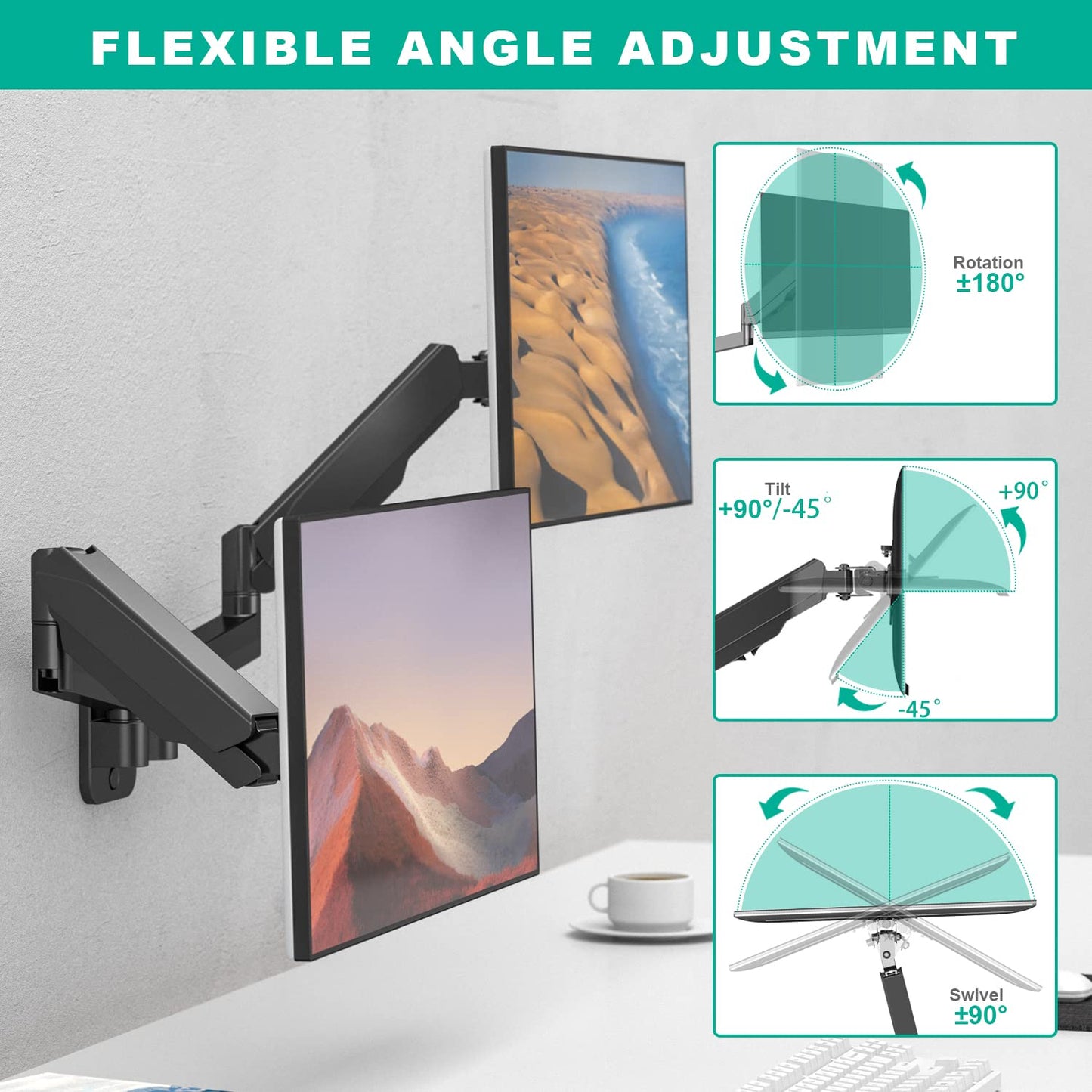 UPGRAVITY Dual Monitor Wall Mount, Double Monitor Wall Stand for Two 17-32 inch Flat Computer Screens, Height Adjustable Gas Spring Mounted Bracket