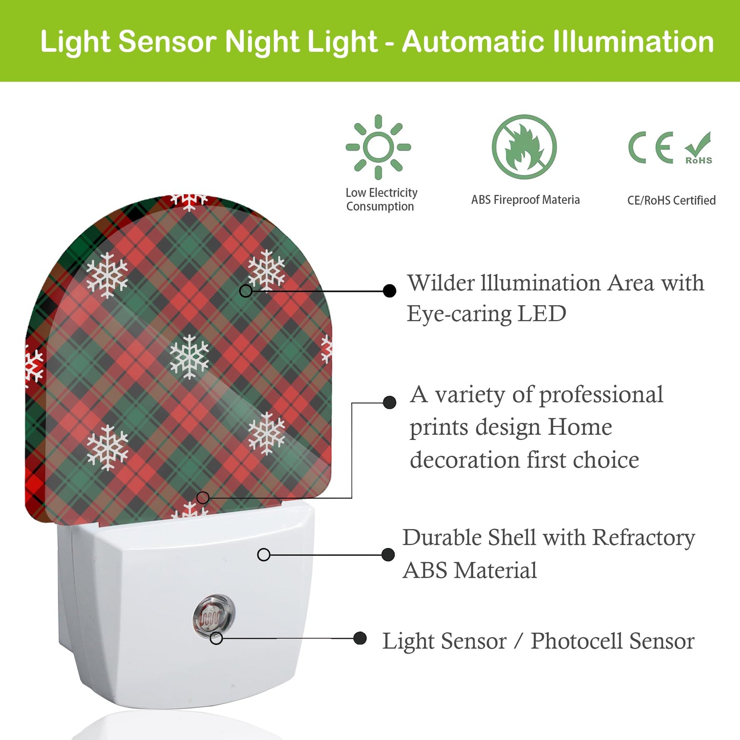 Christmas Red Green Plaids Night Light,Plug into Wall Nightlights with Dusk to Dawn Light Sensors,Nightlights