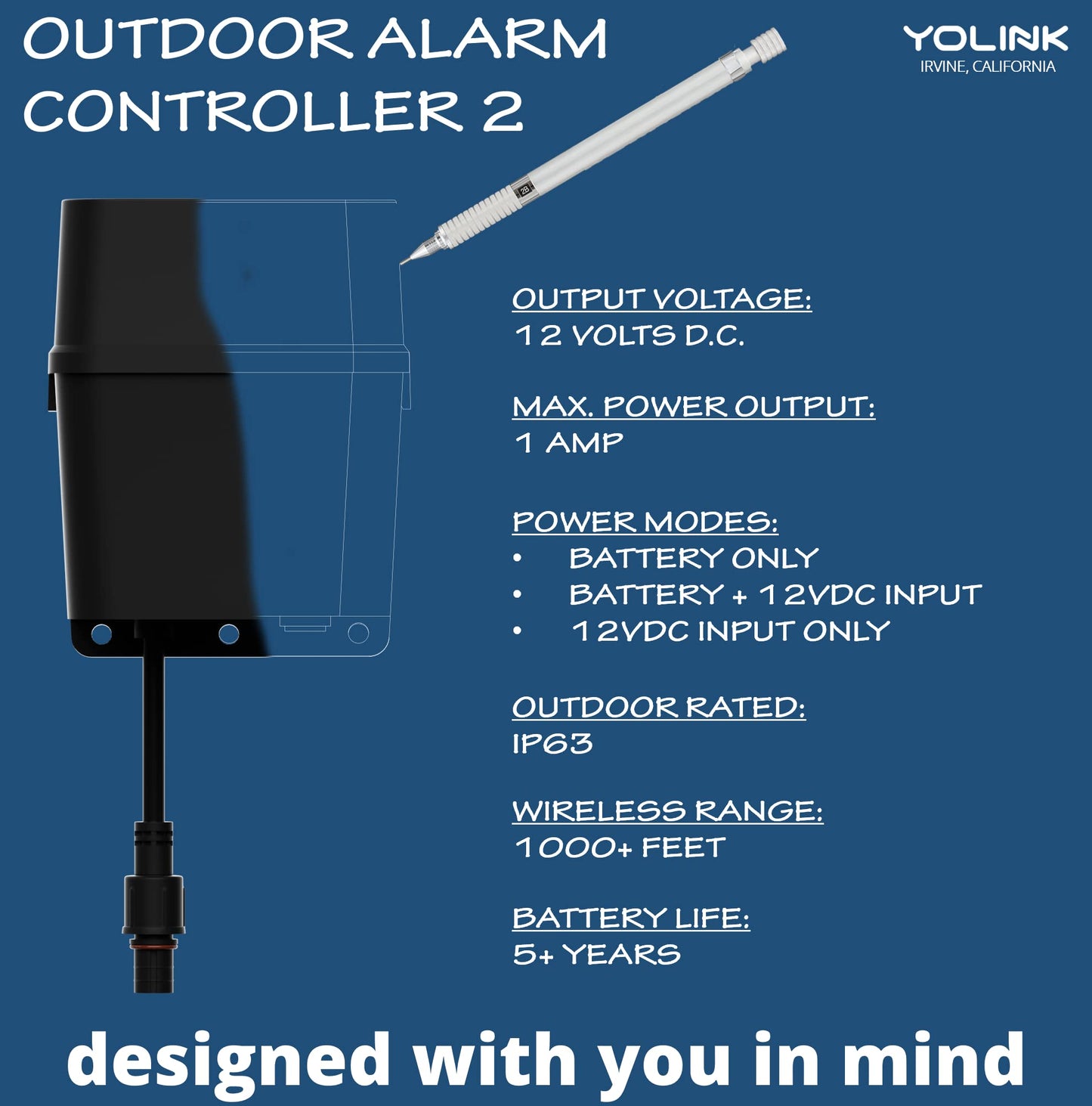 Outdoor Alarm Controller 2, Battery-Powered Siren/Alarm/Relay Controller, 12VDC Out, Optional 12VDC in, Up to 1/4 Mile Open-Air Range, YoLink Hub