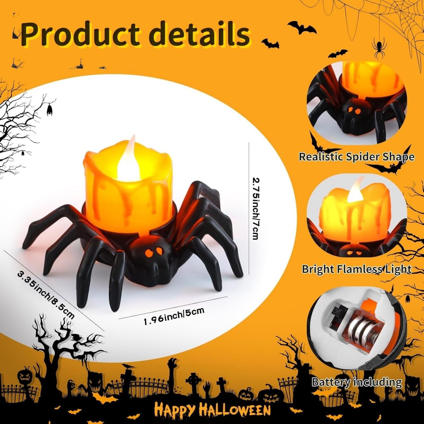 JIAOYUNLILI 6 PCS LED Halloween Lights Indoor, Spider Tea Lights Battery Operated Flameless Candles for Party Table Halloween Decorations