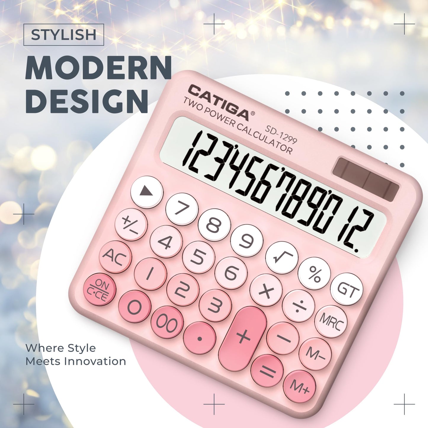 CATIGA Mechanical Switch Calculator with Solar and Battery Dual Power, 12-Digit Large LCD Display, Aesthetic and Cute Desktop Calculator with Big
