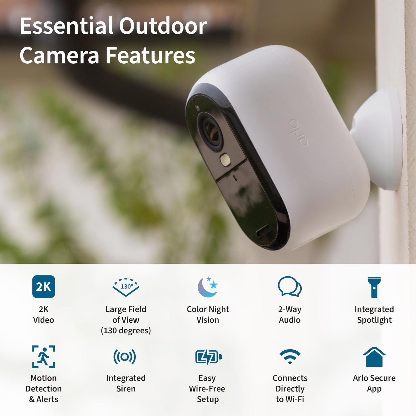 Arlo Essential 2K Cam (2nd Gen) - Wireless, Indoor/Outdoor, Color Night Vision, 2-Way Audio, Motion Alerts, Wide Angle, Spotlight - White (Renewed)