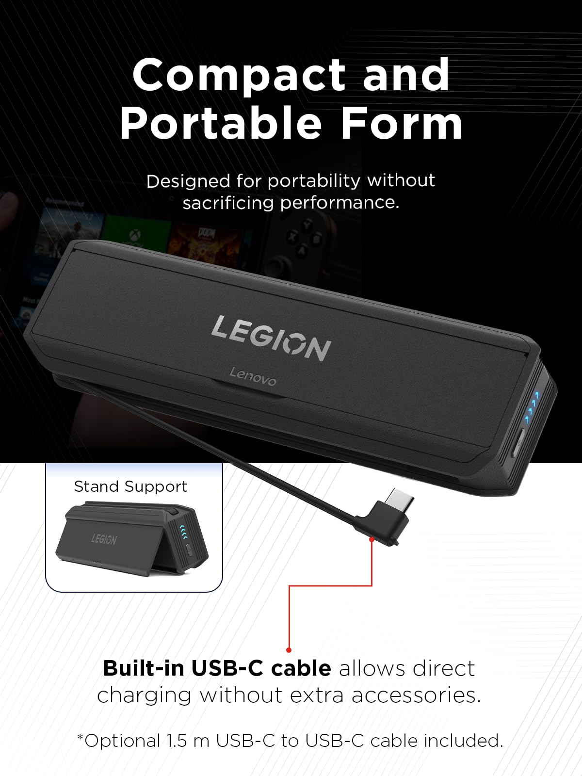 Lenovo Legion Go 65W 12800 Power Bank, Portable Power for Handheld Gaming and Other Devices, USB-C Integrated Cable, Magnetic Attach, Built-in Stand