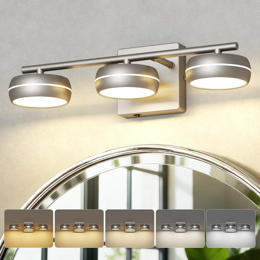 KELIDEN Vanity Light Fixture, 3-Light Brushed Nickel Bathroom Vanity Light with 5CCT, Dimmable Modern Wall Light for Mirror and Bathroom