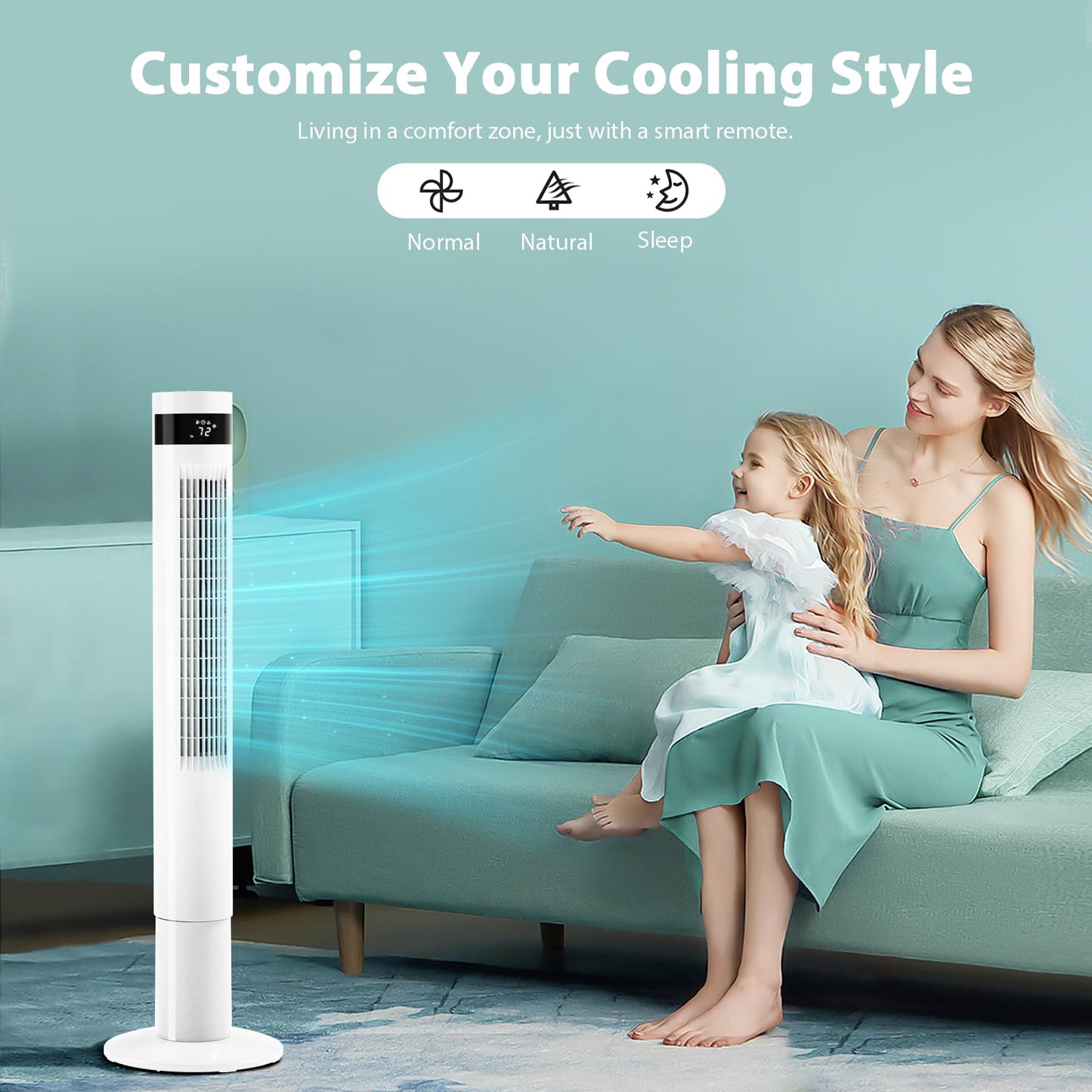 Antarctic Star Tower Fan Portable Electric Oscillating Fan Quiet Cooling Remote Control Standing Bladeless Floor Fans 3 Speeds Wind Modes Timer