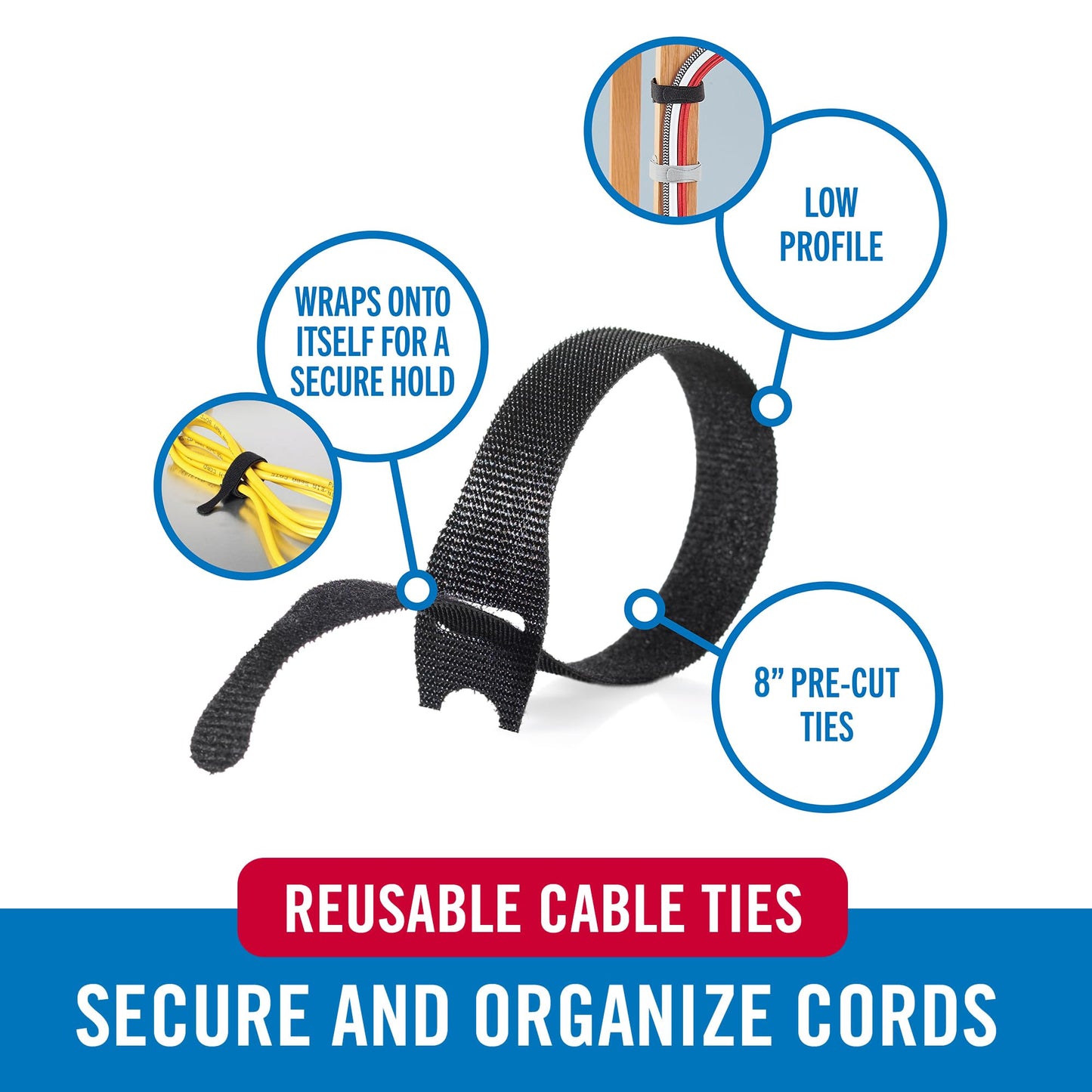 VELCRO Brand ONE-WRAP Cable Ties, 100Pk, 8 x 1/2" Black Cord Organization Straps, Thin Pre-Cut Design, Wire Management for Organizing Home, Office