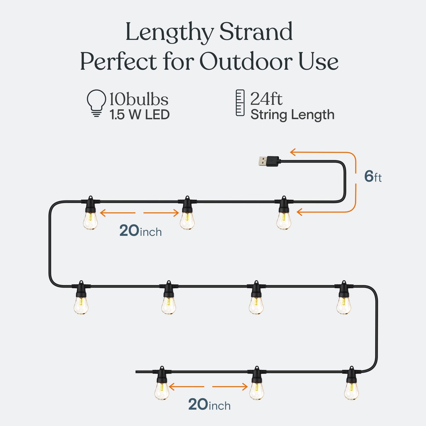 Brightech Ambience Pro USB Powered String Lights - 24 Ft Commercial Grade Waterproof String Lights - Outdoor Shatterproof Patio Lights for Camping