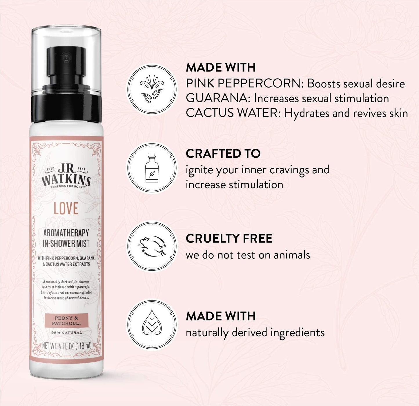 J.R. Watkins Love Aromatherapy in-Shower Mist, Natural Peony & Patchouli, 4 oz