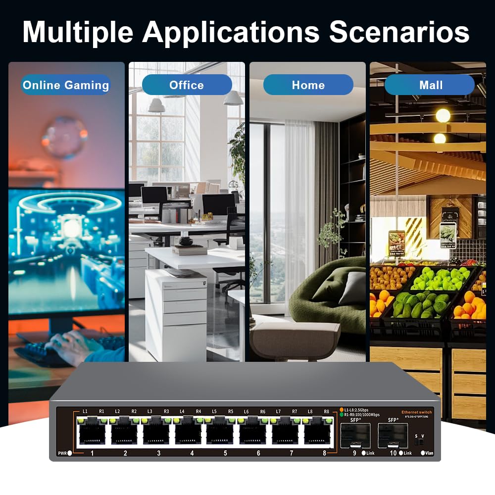 Davuaz 8-Port 2.5G Unmanaged Ethernet Switch, 8×2.5G Base-T Ports, 2×10G SFP+ Uplink, Supports 100/1000/2500Mbps, Fanless Metal Casing, Plug & Play