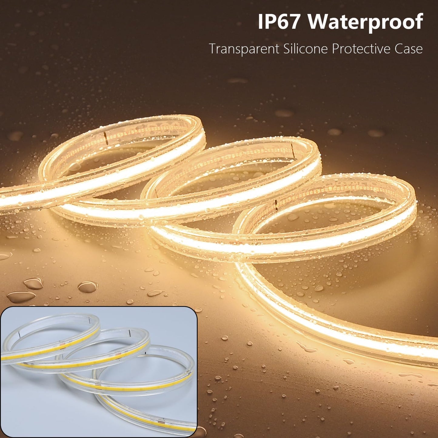 BENLUN AC 110V COB LED Strip Lights Outdoor Waterproof IP67 65.6FT, 3000K Warm White 200W 480LEDs/M CRI 90+ Transparent Silicone LED Rope Light