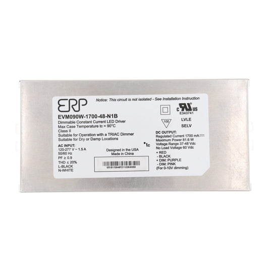 ERP Power EVM090W-1700-48-N1B CC LED Power Supply 120-277 Vac, 87% eff, Rectangular Metal Case, Forward/Reverse Phase & 0-10V dimming, 1-100% dim