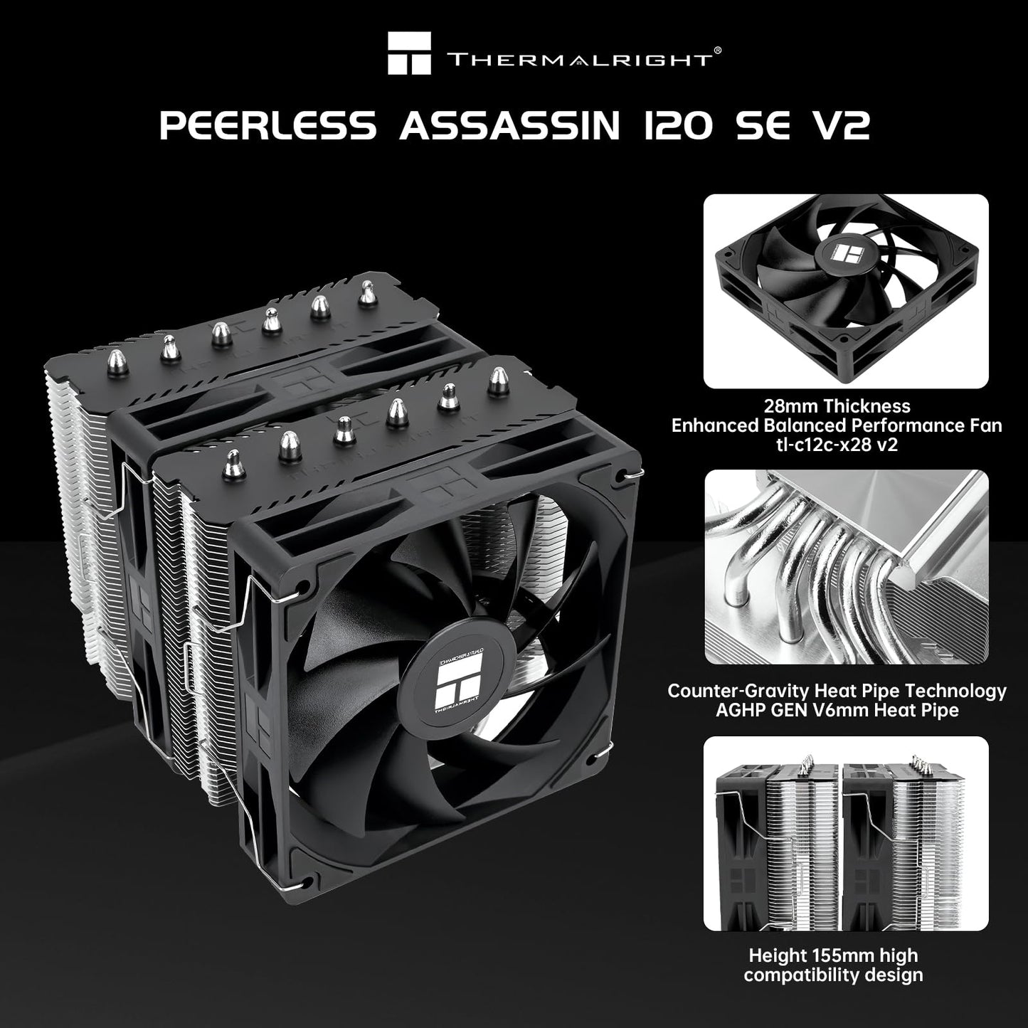 Thermalright Peerless Assassin 120 SE V2 CPU Cooler, Dual Tower, 6 Heat Pipes, Dual 120mm PWM Fans, 1850RPM, for AMD AM4/AM5 and Intel LGA1851/1700