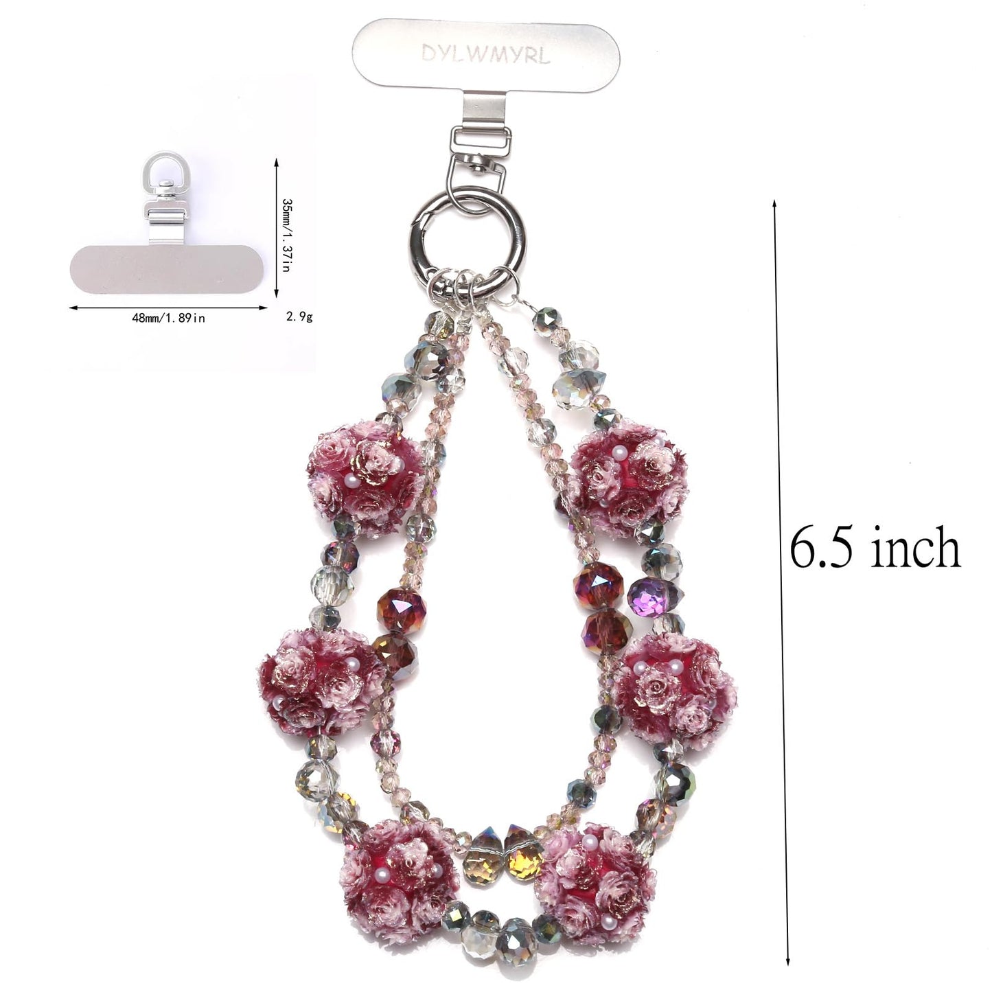 DYLWMYRL phone chain Anti-Lost Handmade Burgundy Rose Beaded Wristlet, Luxury Crystal Pearl Strap for Women, Detachable Design Compatible with Most