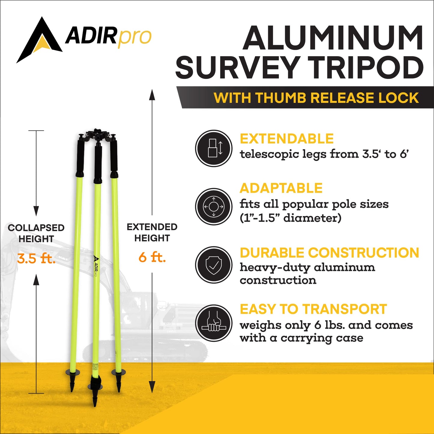 AdirPro Aluminum Prism Pole Tripod | Adjustable Range Pole Tripod with Quick-Release Clamp | for Survey Pole, Rover Rod, GPS & GNSS RTK | Total