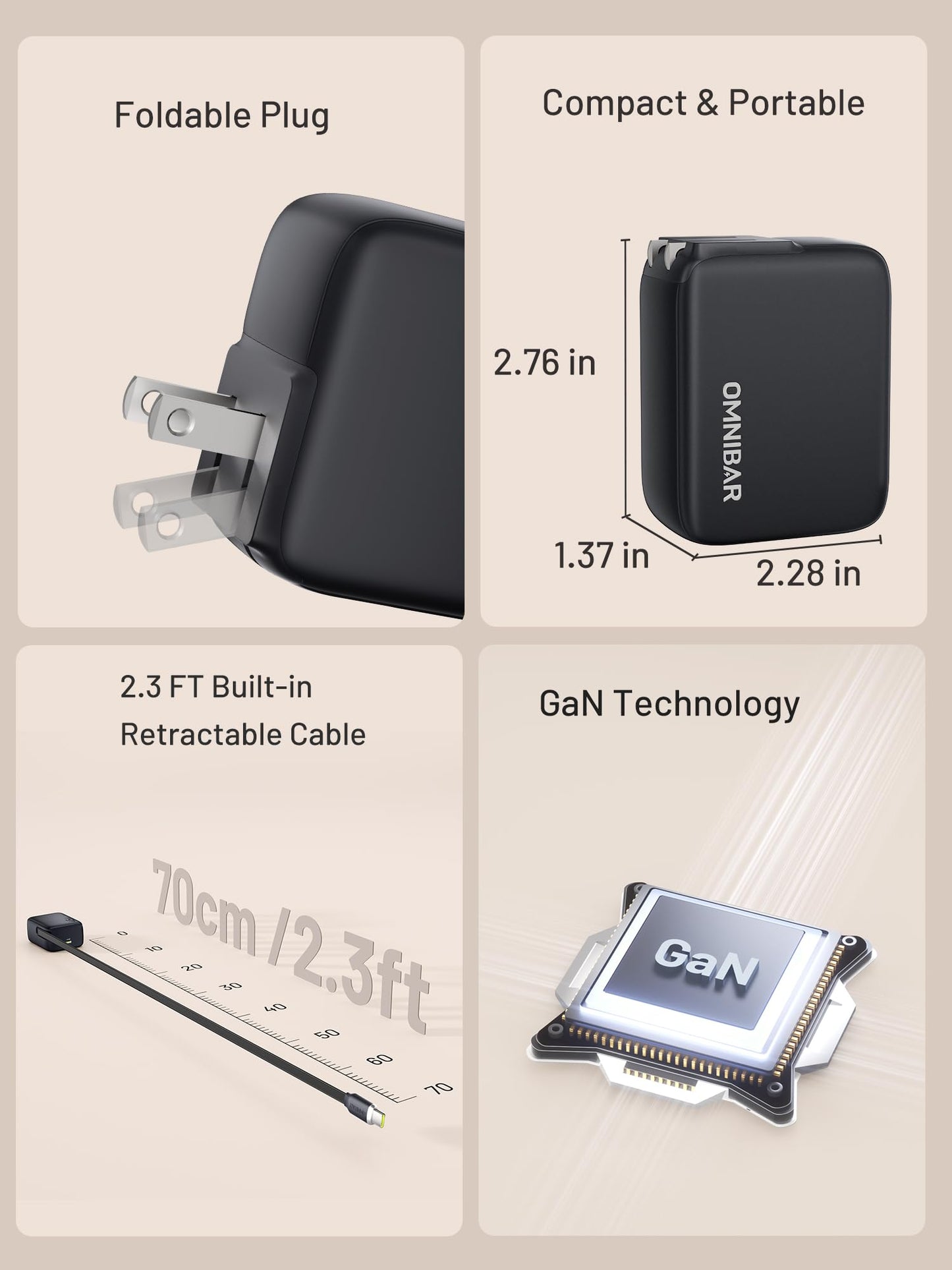 Omnibar USB C Retractable Wall Charger, 67W Max 3 in 1 GaN Fast Charging Block with Foldable Plug, Compact PD PPS USB C Charger Block for iPhone