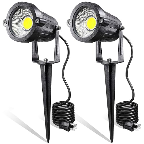 LEACOCO LED Landscape Lights,5W 120V AC Outdoor Pathway Garden Yard Spotlight,IP65 Waterproof Garden Flood Light,Outdoor Spotlight with Stake,UL Cord