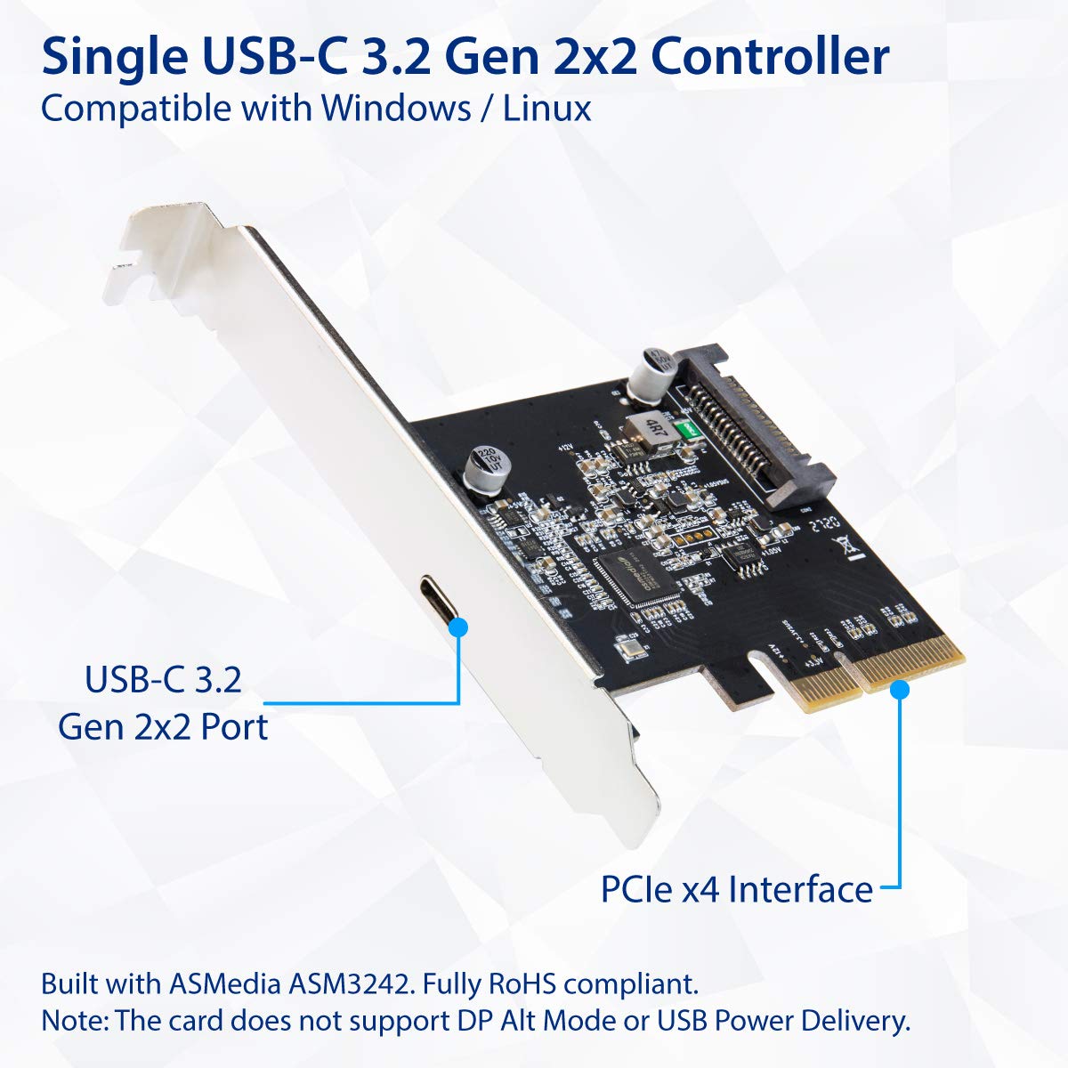 IO CREST USB-C 3.2 Gen 2x2 Type-C 20 Gbps PCI-e Gen 3 x4 Expansion Card SATA Powered ASMedia ASM3242