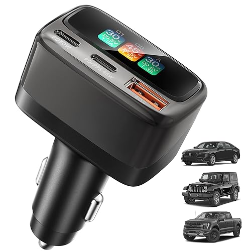105W USB C Car Charger with Digital Color Display, 3-Port Fast Charging Cigarette Lighter Adapter for iPhone 17/16/15 Pro Max, Samsung S26, Travel Car