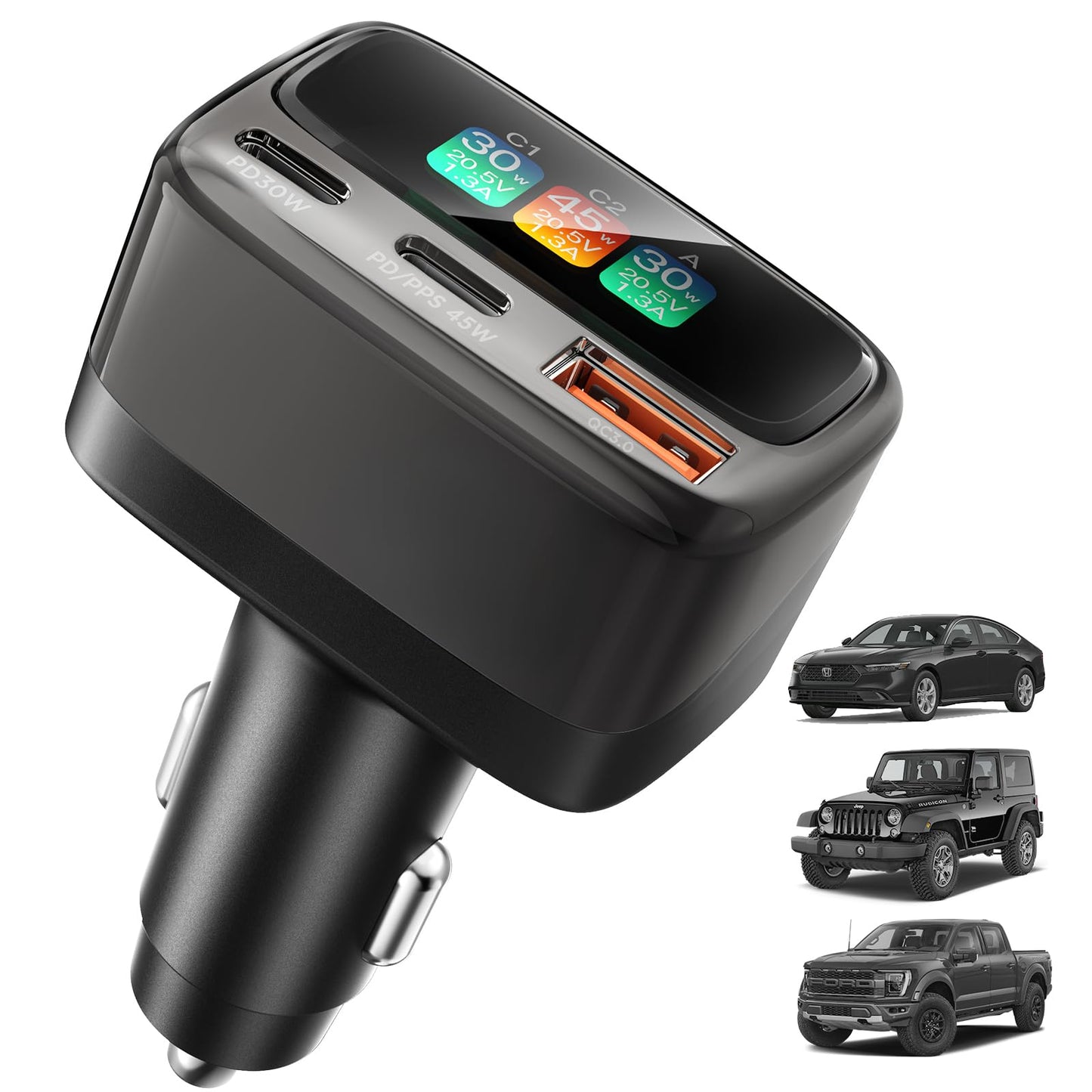 105W USB C Car Charger with Digital Color Display, 3-Port Fast Charging Cigarette Lighter Adapter for iPhone 17/16/15 Pro Max, Samsung S26, Travel Car