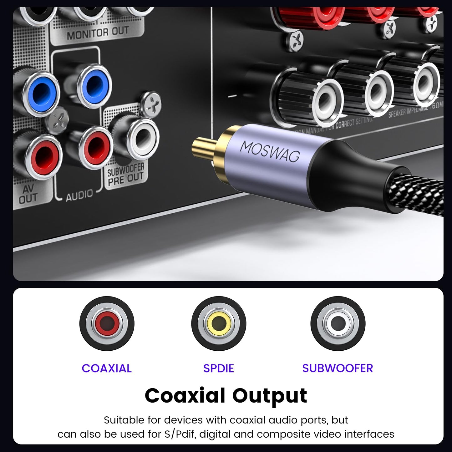 MOSWAG RCA Coaxial Cable, Digital Audio Cable, RCA Digital Coaxial Cord 24K Plated Nylon, Suitable for Home Theaters, Audio Systems, PS3, Wii, Car