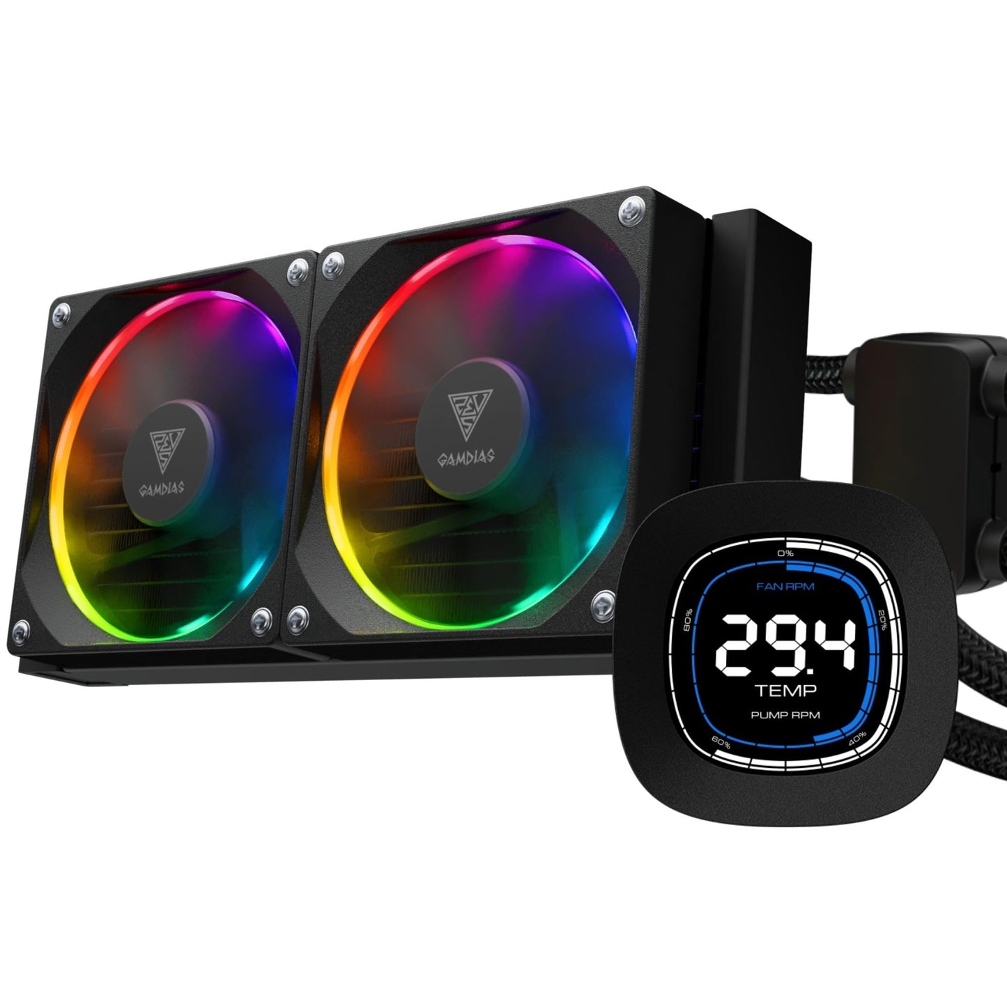 GAMDIAS 240mm CPU Liquid Cooler AIO w/ 2.1" Display & Customized Software, CPU Water Cooler w/Thick Radiator and ARGB PWM 2X 120mm Computer PC Case