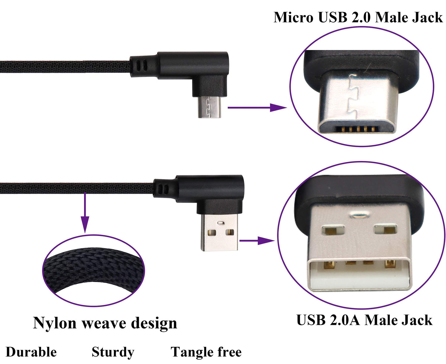 AAOTOKK 3 Ft 90 Degree Micro USB Cable Right Angle USB 2.0 Micro Male Nylon-Braided Fast Sync & Charging Cord Compatible with Android, Samsung