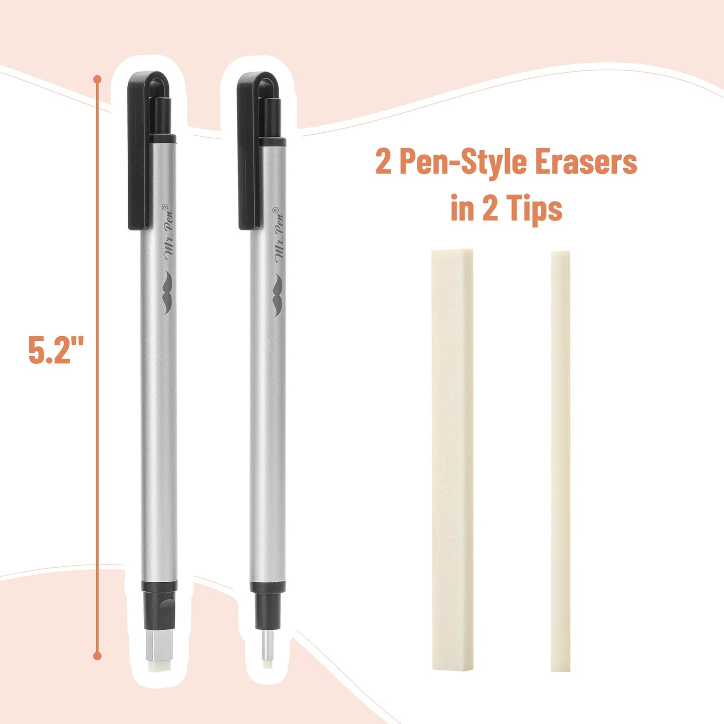 Mr. Pen- Pen Style Eraser, 2 Pack, Silver, Square & Round Tip, Eraser Pen