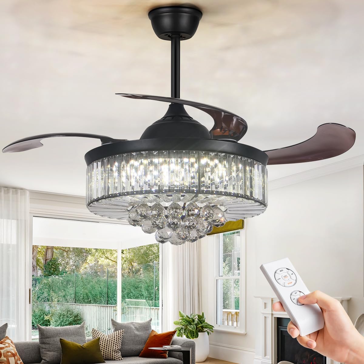 A Million 42" Crystal Ceiling Fan with Lights, Black Ceiling Fan Chandelier with Remote Control 3 Color Light and 3 Speed Change Retractable Blade