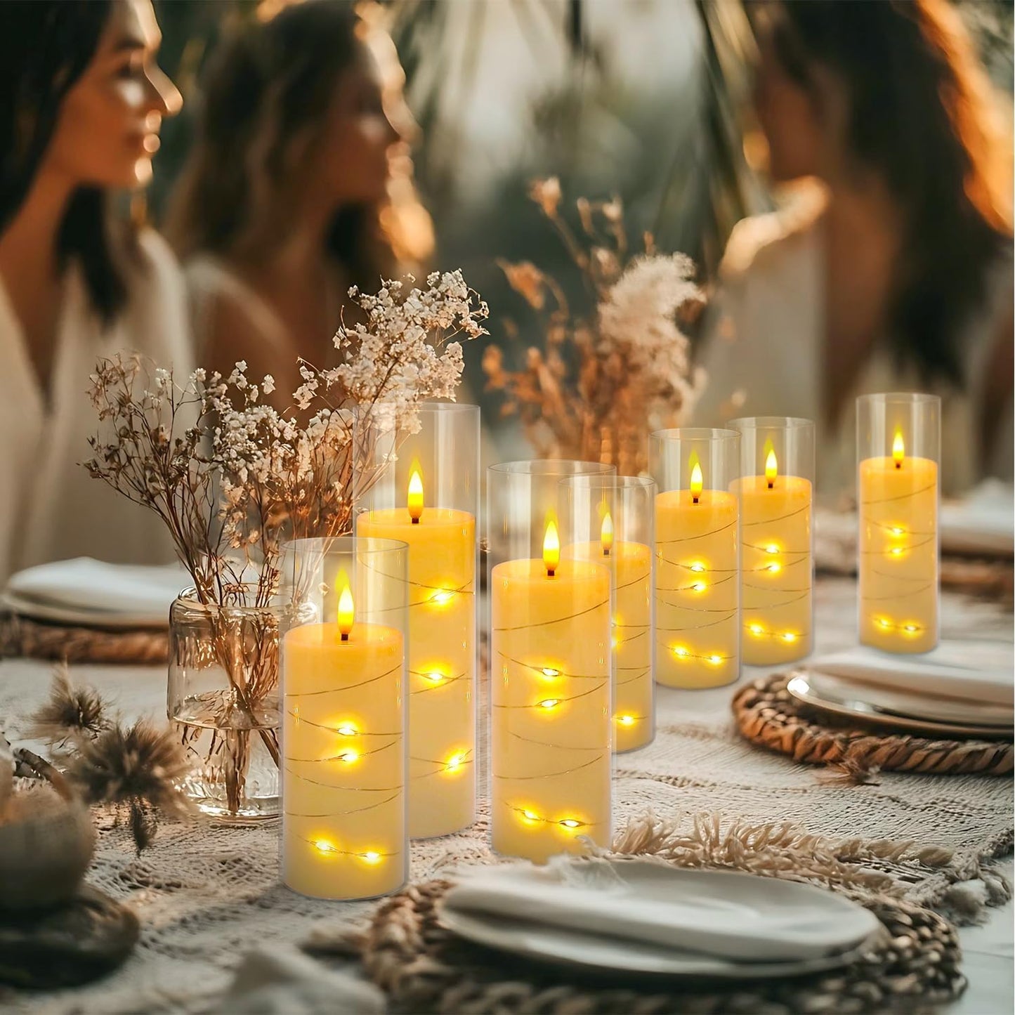 CAKETYCG 24 Pcs LED Flameless Candles with Remote, 3D Flickering Flame & LED String Lights, Acrylic Clear Cylinder, Timer Function, Romantic Ambience