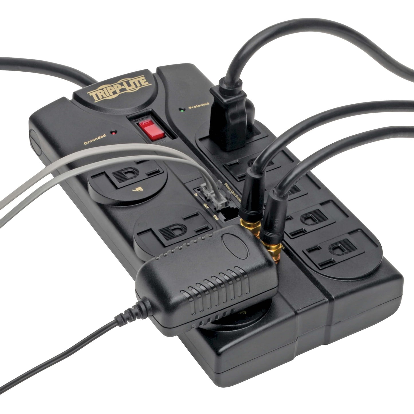 Tripp Lite 8 Outlet Surge Protector Power Strip, 8ft Cord, Right-Angle Plug, Tel/Fax/Modem/Coax Protection, RJ11, Life Limited Manufacturer's Warranty