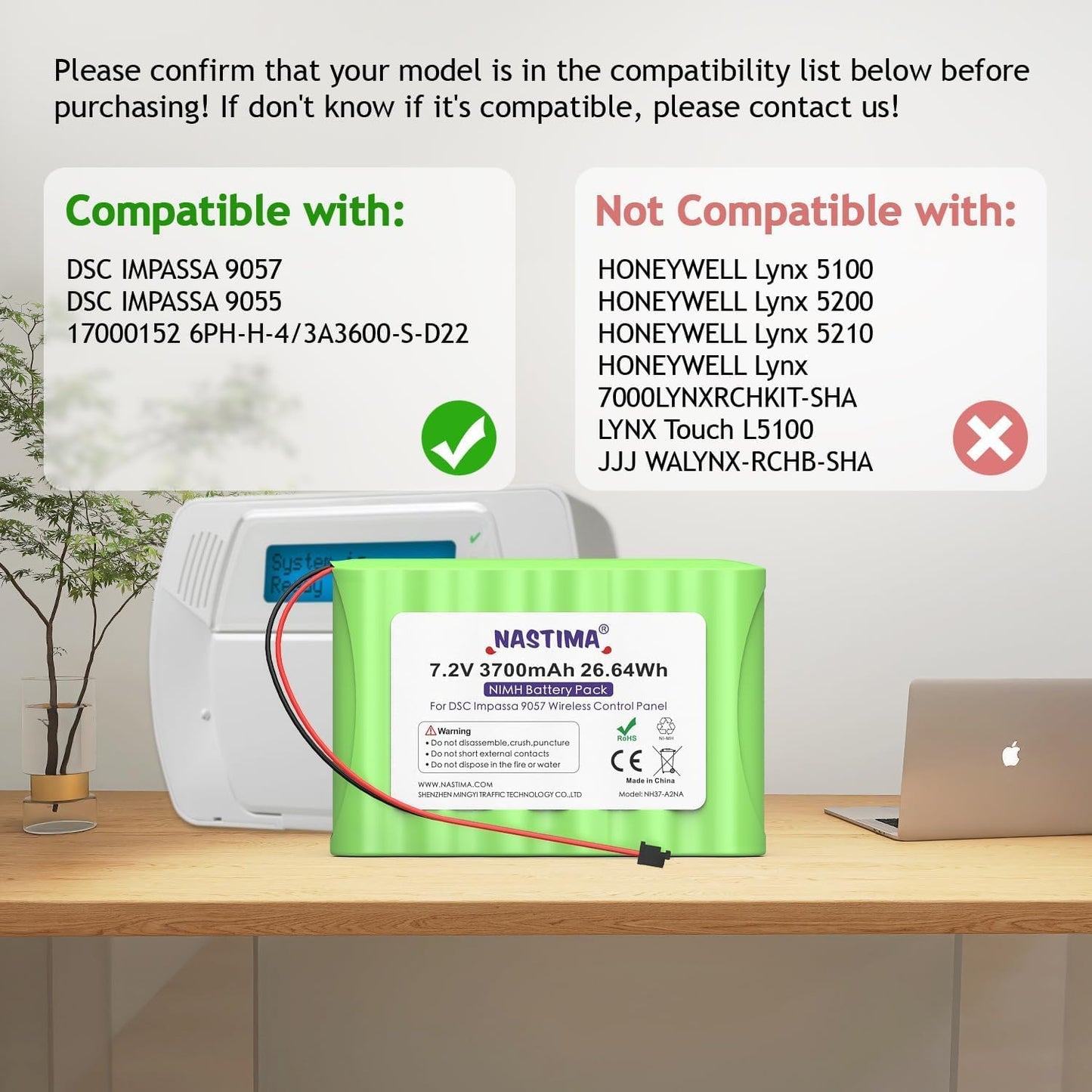 NASTIMA NIMH Battery Replacement for ADT DSC IMPASSA 9057 SCW9055 SCW9057 BH7236-SS 17000145 17000152 Wireless Home Security System | 7.2V 3700mAh