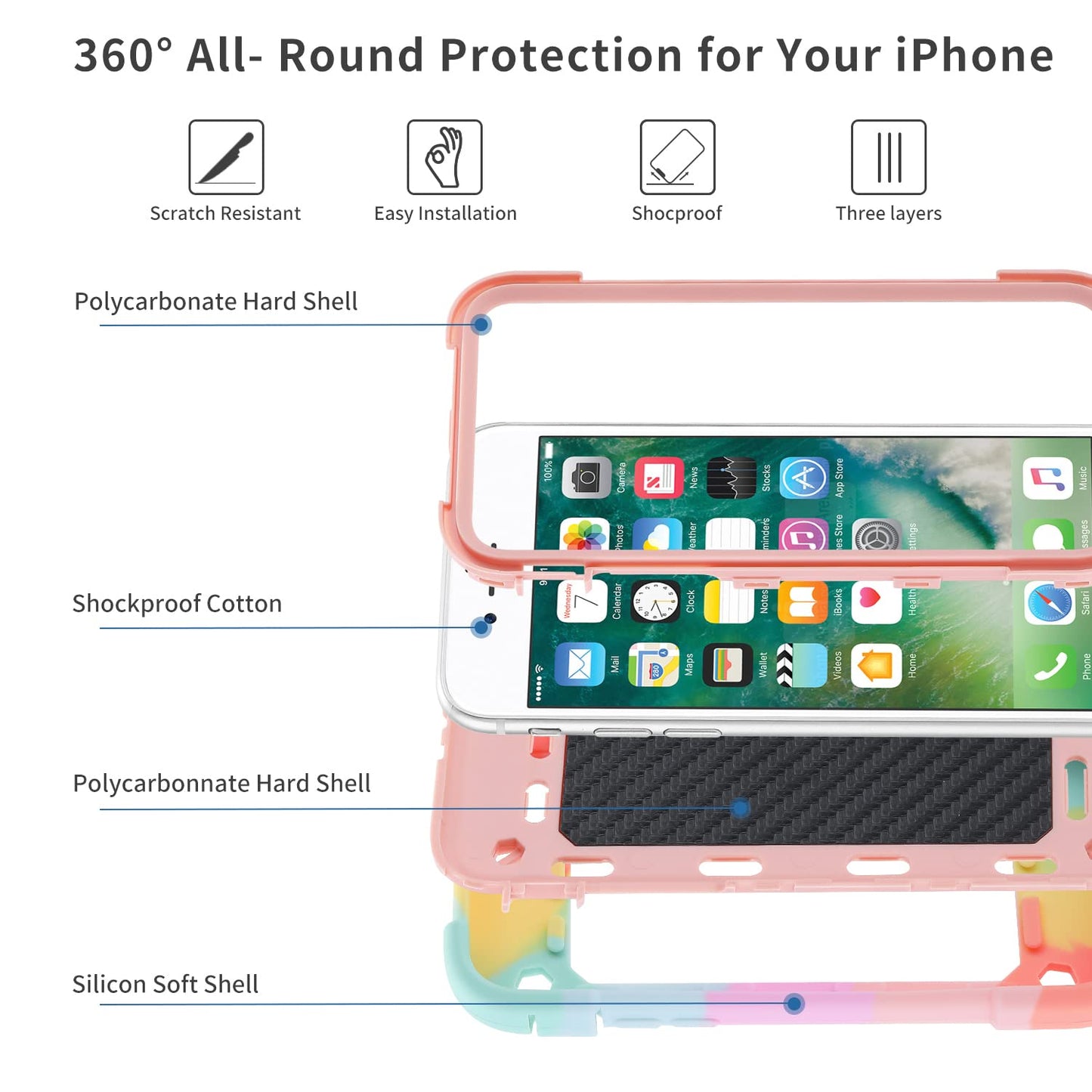 MARKILL Compatible with iPhone Case with Ring Stand, Heavy-Duty Military Grade Shockproof Phone Cover (Rainbow Pink, iPhone SE 3rd/2nd/iPhone