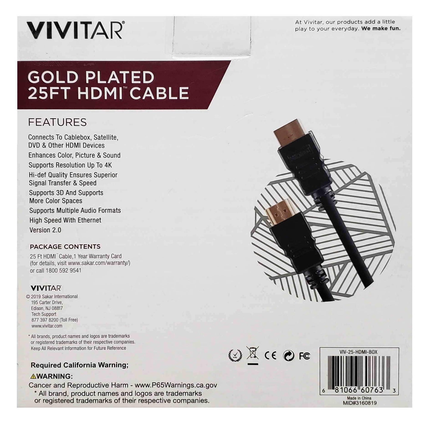 Vivitar Gold Plated 25 Foot HDMI (High-Definition Multimedia Interface) Cable