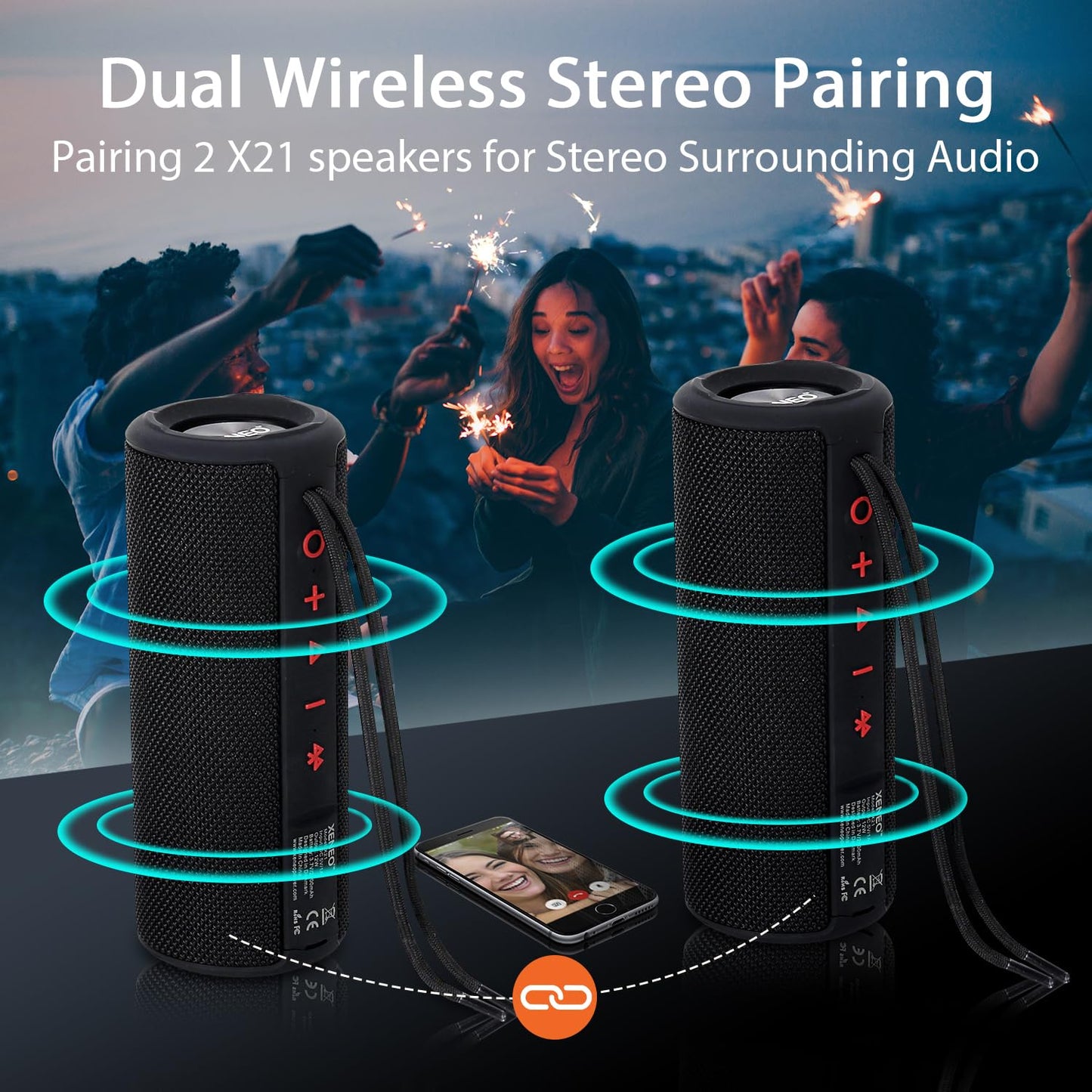 XENEO X21 Dual Portable Bluetooth Speakers Waterproof Outdoor Wireless Stereo Pairing with FM Radio, Micro SD Card, IPX6, Aux Jack 30W for Home