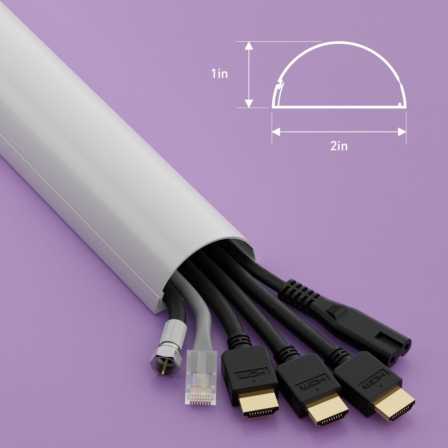 D-Line TV Wire Hider, Half Round Cord Cover for Wall Mount TV, Hinged One-Piece Raceway, Paintable, Self-Adhesive Cable Management - 2" (W) x 1" (H) x