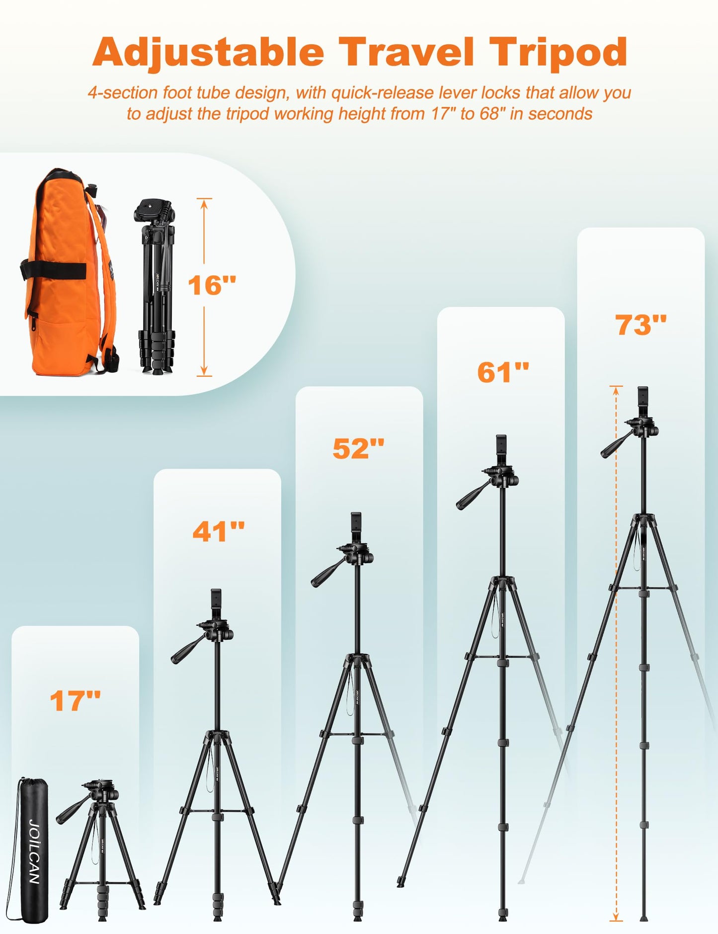 JOILCAN Phone Tripod Stand, 68" Tripod for iPad iPhone Tablet with Remote Universal Holder Carry Bag, Travel Aluminum Tripod for Video Recording