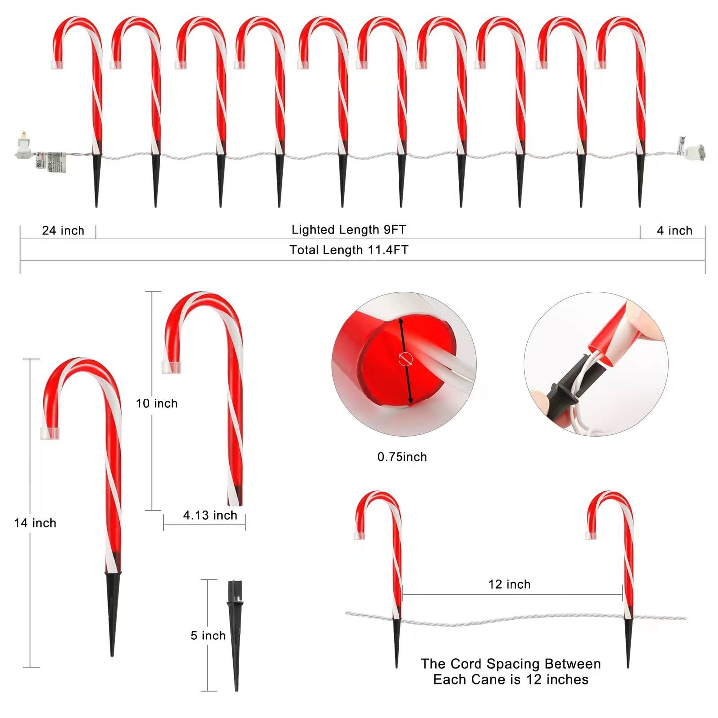 Christmas Candy Cane Pathway Markers Lights, Candy Canes Lights Outdoor, 10 inch Set of 10 Pack Christmas Candy Cane Lights Decorations Yard Candy