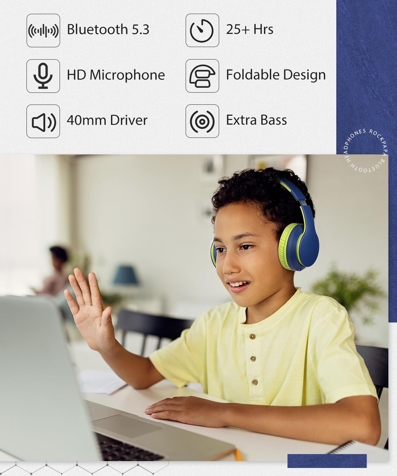 rockpapa E7 Over Ear Wireless Bluetooth Headphones with Mic Include Travel Case, Foldable Wired/Wireless Headphones with Microphone for Kids Childrens
