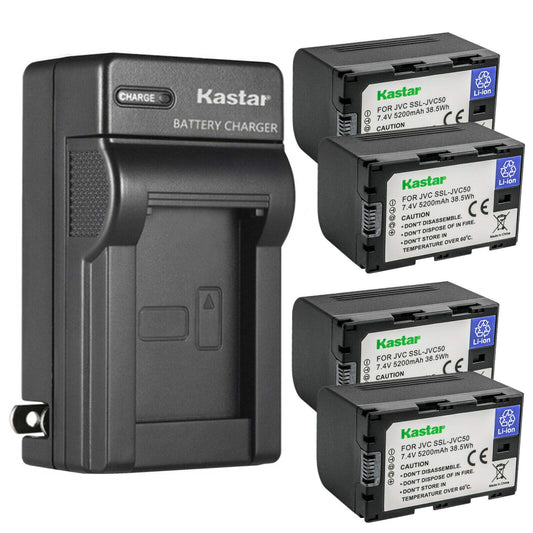 Kastar 4-Pack Battery and AC Wall Charger Replacement for JVC GY-HMQ10, GY-HMQ10E, GY-LS300, GY-LS300CHU, GY-HM200, GY-HM200U, GY-HM200HW, GY-HM200SP