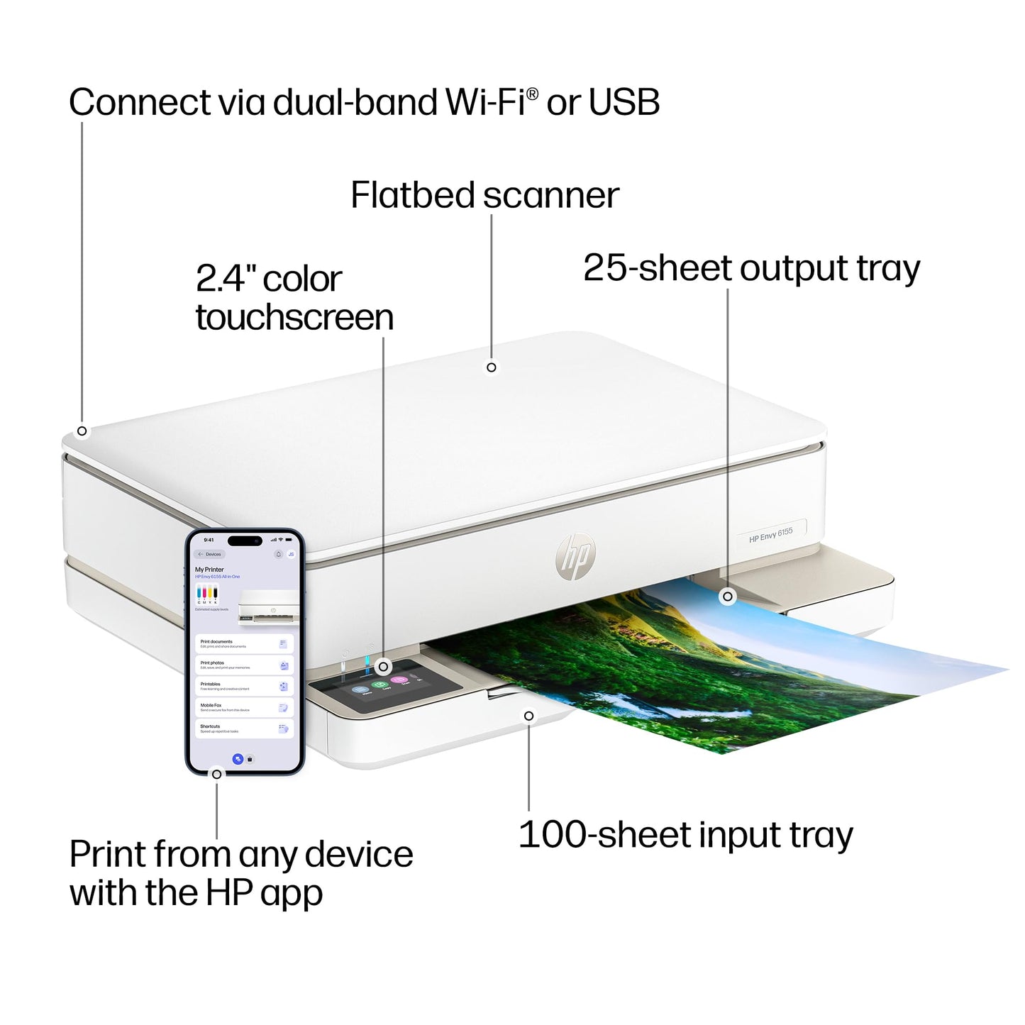 HP Envy 6155 Wireless All-in-One Color Inkjet Printer, Print, Scan, Copy, Duplex Printing Best-for-Home, 3 Month Trial of Instant Ink Included