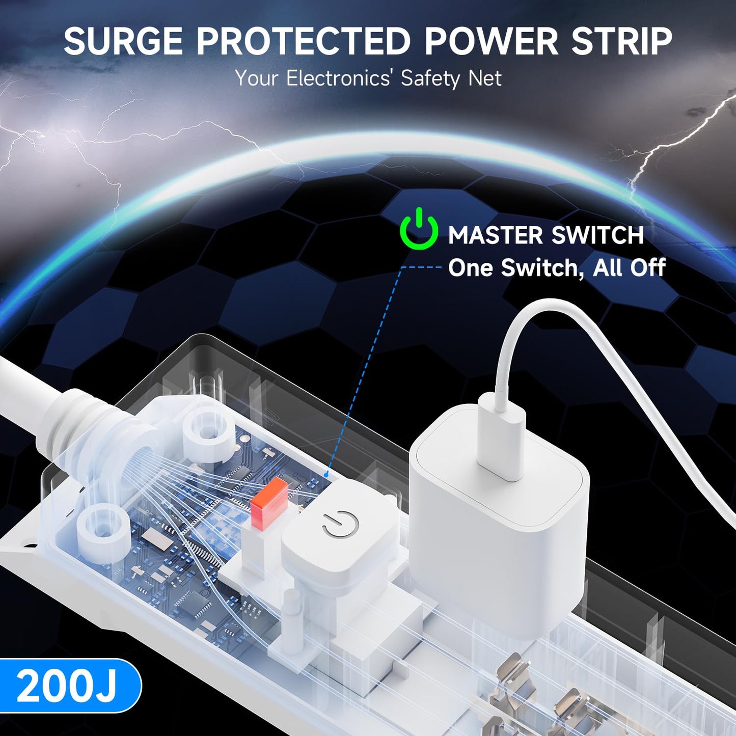 10 Ft Power Strip Surge Protector with USB Ports, Flat Plug Extension Cord, 5 AC Outlets and 3 USB Charging Ports, Wall Mountable for Home, Office
